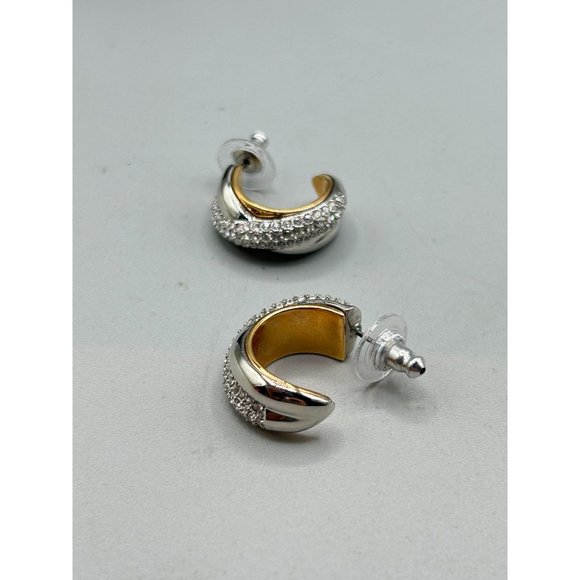 Vintage Swarovski Signed Swan Hoops Earrings Clear Crystals Silver & Gold Plated - Picture 5 of 7
